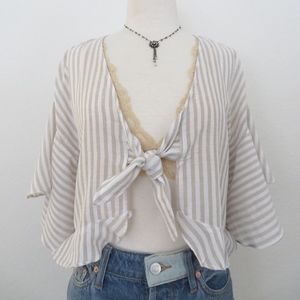 Taupe Stripe Tie Front Top